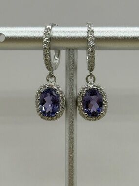 High Quality Lab Grown Purple Tanzanite Gemstone Halo Drop Silver Earrings
